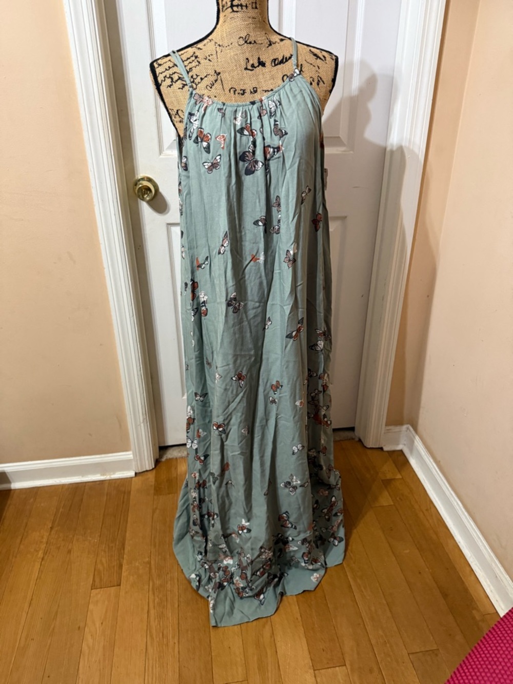 Sage Floral Maxi Slip Dress with Delicate Butterfly Print